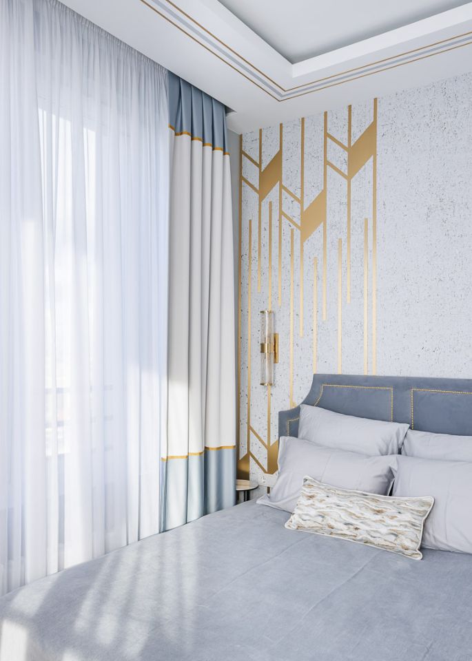 Интерьер в стиле ар-деко голубой и золото